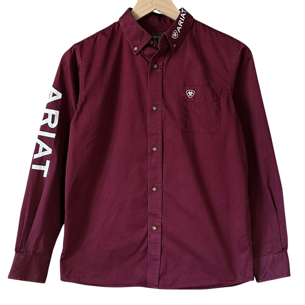 Ariat Boys Team Logo Burgundy Classic Fit Cotton Button Shirt Size Large 14/16